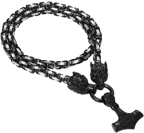 Oidea Viking Thor's Hammer Necklace for Men: Vintage Viking Helm of Awe Mjolnir Pendant with Wolf Head Byzantine Chain Amulet Jewelry Gift for Men Women 24in Chain Silverblack