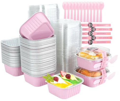 RETON Set di 100 mini stampi per torta quadrati con coperchi (141,7 g), contenitori per cupcake con adesivi e forchette per feste, matrimoni (rosa)