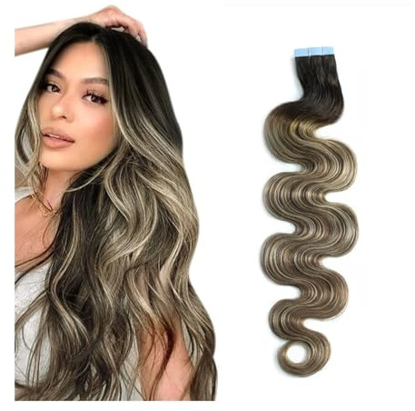 Seamless Tape in Hair Extensions, Lange gewellte Tape-in-Haarverlängerung, Echthaar, Balayage, dunkelbraun bis kastanienbraun und platinblond, natürlich gewellte Haarverlängerungen,Perfect for Natura