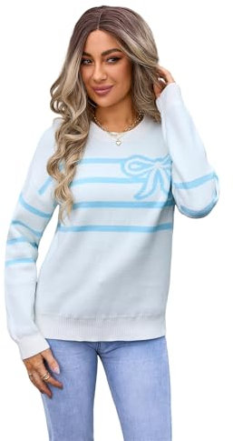 HEYPORK Damen Herbst Winter Warm Bequem Pullover Casual Mode Strickjacke Strickpullover Frauen Gestreifte Schleife Rundhals Blume Stricken Mode Pullover(Blau, XL)