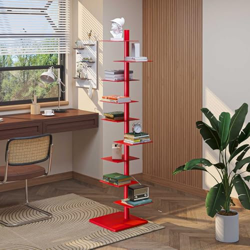 HARELA Metall Bücherregal Bodenstehendes, 9 Ebenen Vertikales Bücherregal, Drehbares Bücherregal, Bücherturm Standregal Im Industriestil, Für Wohnzimmer, Schlafzimmer, Büro(Red)
