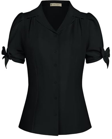 Belle Poque Women Short Sleeve Blouse Elegant Lapel Collar Bowknot Shirt with Buttons Black L