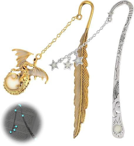 BelleVive 2 Stück leuchtende Lesezeichen, antiker geschnitzter Haken, Lesezeichen, leuchtet im Dunkeln, Mond, Sterne, Drachenfeder, geprägte Seitenmarkierungen, Anhänger, Lesezubehör