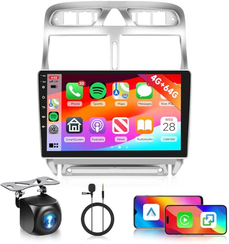 Hodozzy 4G+64G Autoradio für Peugeot 307 307CC 307SW 2002-2013 mit Wireless Carplay Android Auto, 9 Zoll Touchscreen Autoradio 2 Din mit Navi, Bluetooth, WiFi, EQ/DSP, FM/RDS Radio, Rückfahrkamera