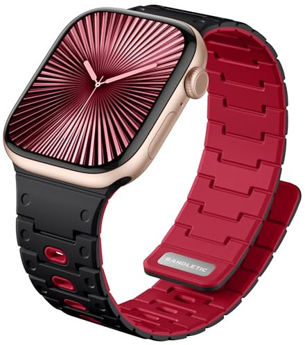 Bandletic Kompatibel mit Apple Watch Armband - 42mm (Serie 10) 40mm 41mm 38mm, Silikon Sport Magnetbänder Band für iWatch Series 10 SE 9 8 7 6 5 4 3 2 1, Schwarz Rot