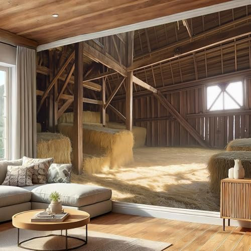 3D Fototapete Scheunenszene,300 x 210 cm (B x H) Seidenstoff Tapeten,Moderne Holzbalken Heu Wandtapete Wohnzimmer Schlafzimmer für Wohnzimmer, Küche, Wandkunst