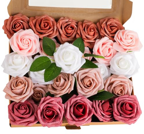 25 Pezzi Rose Artificiali - Rose Finte 29 x 25 x 5cm - Con Steli - Bouquet Fai-da-Te per Matrimoni - Per Nozze, San Valentino, Festa della Mamma, Arredamento (Magenta)