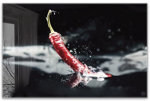 Herdabdeckplatte 80x52 cm einteilig – Chili Splash, rote Peperoni, Chillischote, Gewürze, exotische Küche, Food Art | ESG Glas Ceranfeldabdeckung, Schneidebrett, für Ceranfeld, Herd, Induktion