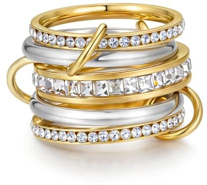 YeGieonr Stapelringe Damen Gold – Anlaufbeständiger Edelstahl Ring Frauen, Gold Linked Ring Set, Wasserfeste Modeschmuck Ringe Stack (5er, 52(16.5))