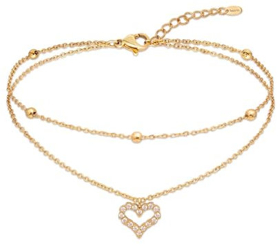 Amberta Silver Gold Waterproof Ankle Bracelets for Women | Boho Layered Anklets for Women | Summer Jewellery, Adjustable Ankle Chain Beaded Rope Heart: Gold Heart and Beaded Chain