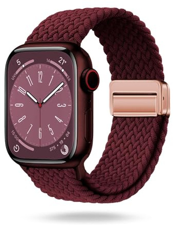 ONEFLOW Casual Loop Kompatibel mit Apple Watch 10 (46mm) Geflochtenes Armband Elastisch, Textil iWatch Armbänder Damen Herren, Sport Nylon Stoff Band Verschluss Magnetisch, Weinrot