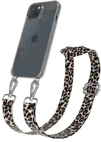 EAZY CASE Handykette - Verstellbares Taschenband kompatibel mit iPhone 15, Schulterriemen, Handykordel mit Silikon Hülle, Umhängetasche, Leo - Schwarz Beige Silber