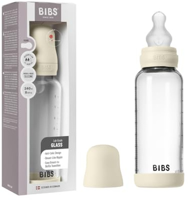 BIBS Baby Glass Bottle. 240ml. Anti-Colic. Vented Round Silicone Teat. Supports Natural Breastfeeding, Medium Flow, Complete Set - 240 ml, Ivory