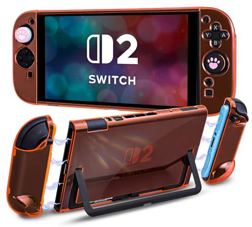 DLseego Schutzhülle für Switch 2,Dockable Kristall Transparent Hard PC Hülle Kratzfest Stoßfest Split Design Slim Hülle mit 2 Handgriff Cover und 4PCS Joystick Kappen,Orange