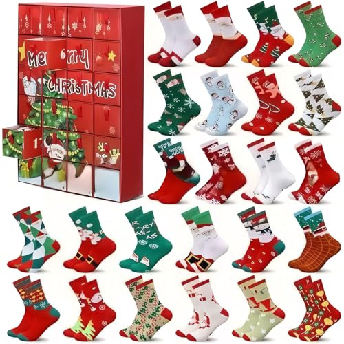 24 Paare Weihnachten Socken Adventskalender 2025 Männer/Frauen, Weihnachtssocken Adventskalender Damen/Herren, Weihnachtskalender Socken 2025, Kuschelsocken Weihnachten Geschenke für Erwachsene