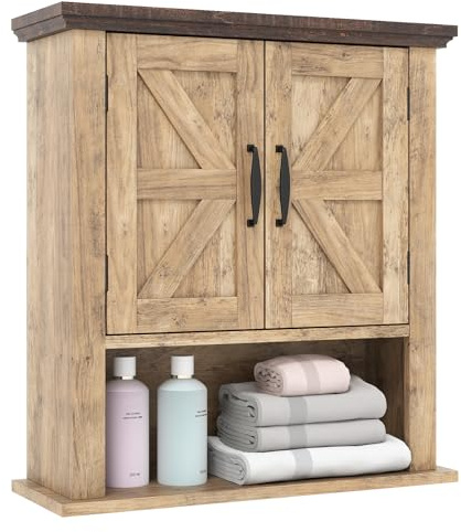 GIANTEX Hängeschrank, Medizinschrank mit verstellbarem Regal & offenem Fach, Hängender Schrank in Bauernstil, Wandschrank für Wohnzimmer, Küche & Flur, 55 x 19 x 60 cm (Hellbraun)