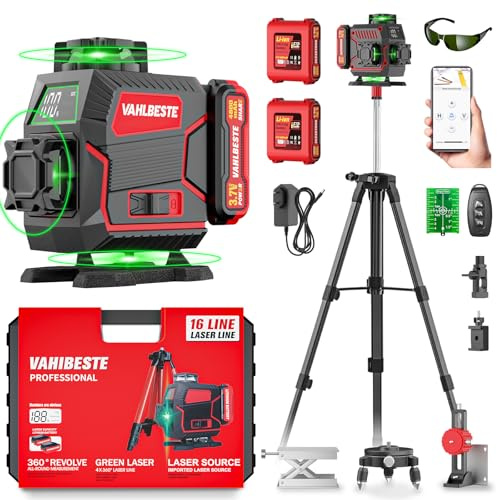 Vahlbeste Kreuzlinienlaser mit Stativ, Laser Wasserwaage, 4x360 Grad Laser Level mit 2x4800mAh Batterien & LED-Anzeige, 4D 16 Linienlaser Selbstnivellierend/Fernbedienung/APP/IP54 Wasser- & Staubdicht