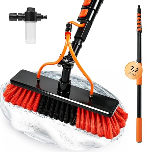 XDOVET Cepillo de lavado telescópico de 7,2 metros, cepillo de lavado con mango telescópico, extensible, limpieza del techo de terraza, set de limpieza para jardín de invierno 1pcs