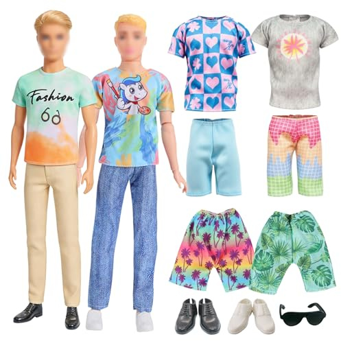 Junge Puppenkleidung und Zubehör, kompatibel mit Ken Doll Kleidung, einschließlich 4 Tops 6 Hosen 2 Paar Schuhe 1 Sonnenbrille für Kinder Jungen Mädchen Party Geschenk