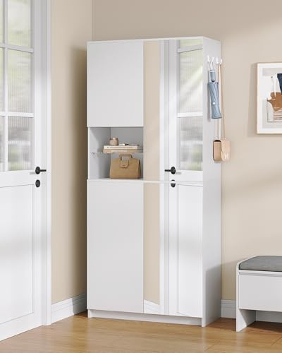 Hzuaneri Zapatero Alto con Espejo, Mueble de Recibidor para 36-40 Pares de Zapatos, Armario de Entrada con Mecanismo Push-to-Open, Estantes Ajustables, 2 Ganchos y Estante Abierto 36x80x180 cm Blanco
