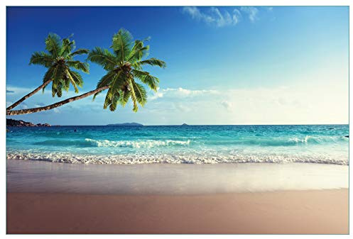 Wallario Küchenrückwand selbstklebend 90 x 60 cm, Motiv: Sandstrand auf den Seychellen - Urlaub unter Palmen | Spritzschutz abwischbar & pflegeleicht