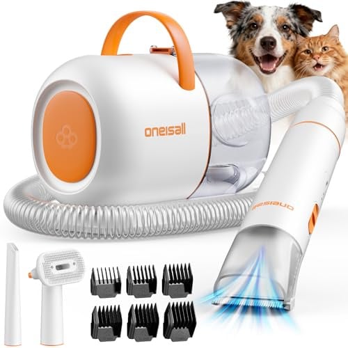 oneisall Máquina cortapelo para perros con aspirador, succión de 15000Pa | Aspira el 99,99 % del pelo de mascota, máquina cortapelo silenciosa para perros y gatos, 3 accesorios de cuidado y 6 peines