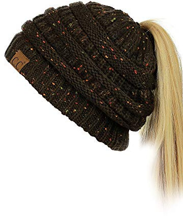 C.C BeanieTail Beanie-Mütze, weich, Stretch, Zopfmuster, unordentlicher hoher Dutt, Pferdeschwanz, Konfetti braun, Einheitsgröße