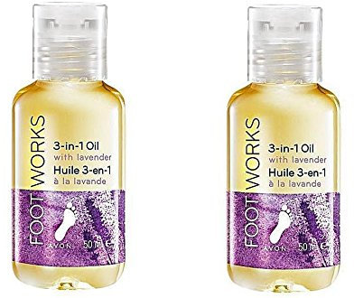 2 x Avon Foot Works 3 in 1 Öl mit Lavendel Fußsoak, Feuchtigkeitspflege & Massageöl für weichere Füße