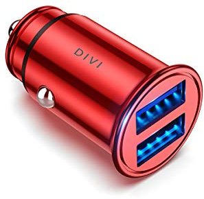 DIVI Car Charger, Ultra Compact 2 USB Ports 5 V/4.8 A Aluminium Alloy Car Cigarette Lighter Charger, Quick Charge for iPhone XR/XS Max/8 Plus, Galaxy S8/S7/Edge, Huawei (Red)