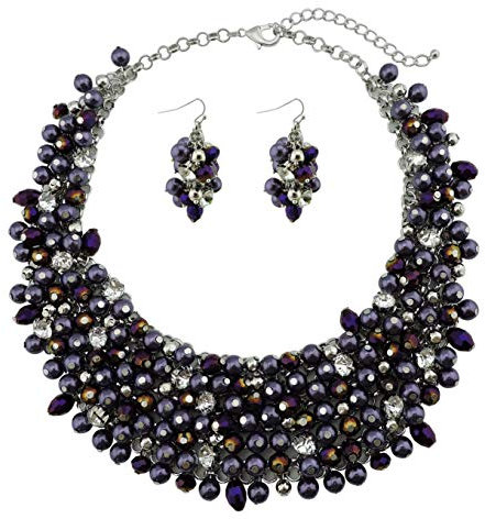 Bocar Fashion Crystal Chunky Collar Statement Necklace Earring Set for Women Gift (NK-10260-Purple)