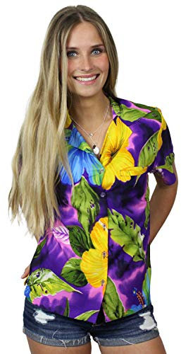 King Kameha Funky-Bluse-Camicie-Hawaiana, Manica-Corta, Big-Flower, Viola, L