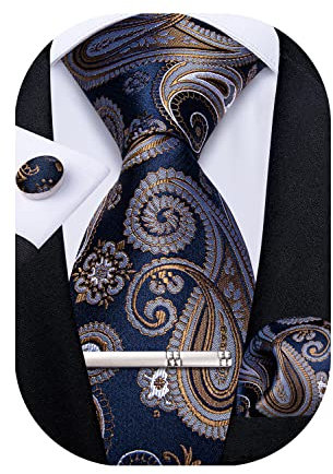 DiBanGu Paisley-Krawatten für Herren, Seidenkrawatte und Einstecktuch, Manschettenknöpfe, Krawattenklammer-Set, gewebt, klassische Herren-Krawatte für Hochzeit, Party, Marineblau, Braun, Weiß,
