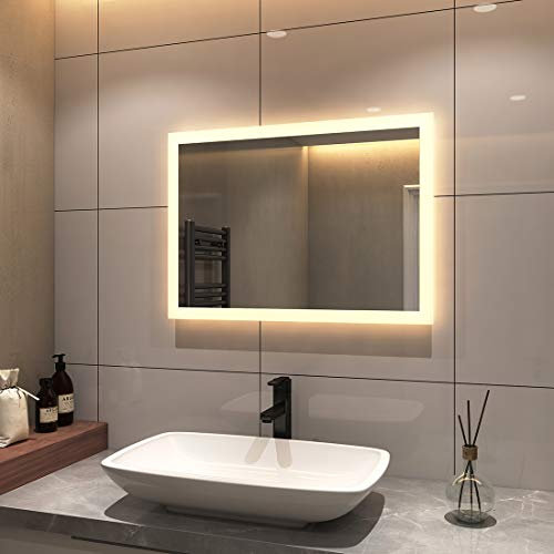 S'AFIELINA Badspiegel mit Beleuchtung 50x70cm LED Spiegel mit Beleuchtung Warmweiß 3000K Wandschalter Badezimmerspiegel mit Beleuchtung Horizontal/Vertikal Montage IP44 Energiesparend