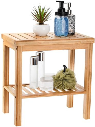 SOUJOY Bamboo Shower Bench, Bath Seat Stool, Spa Foot Rest Shaving Stool, Storage Shelf for Shampoo Towel, Works in Inside Bathroom, Living Room, Bedroom, Garden Leisure