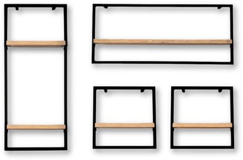 holz4home® 4-teiliges Wandregal Set I Eichenholz Schwarz gerahmt I Ohne Baumkante, Hellgrau geölt I Inkl. Befestigungen aus Stahl für Schweberegal Industrial Flair