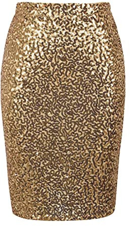 Minetom Damen Sexy Röcke Glitzer Pailletten Hohe Taille Figurbetont Rock Bleistiftrock Stretch Midi Pencil Rock A Gold L