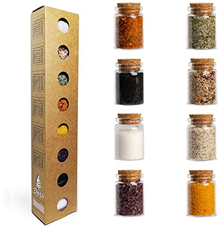 SIMPLY WOOD Gourmet Salze, Salzsorten aus aller Welt als ideales Gewürze Geschenkset/Salzset Geschenke aus Meersalz, 8 x 25 g, 200 g