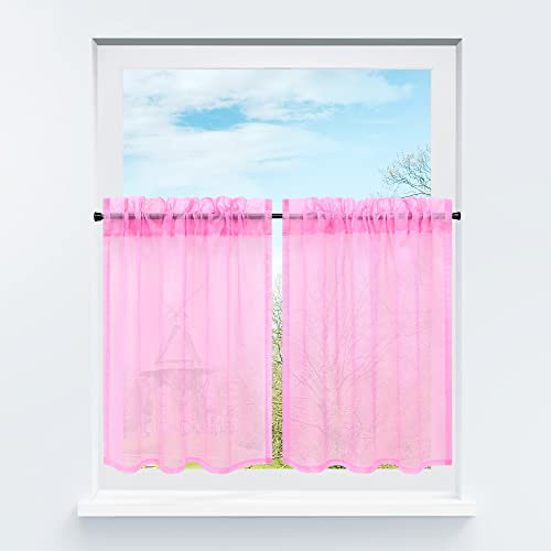HongYa Rideaux Brise Bise Transparent avec Galon Fronceur Passe Tringle Rideaux Cuisne Court Fenêtre Rose H/L 61/66cm 2 Pièce