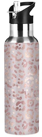 Pink Leopard Print Golden Cheetah Water Bottle Drink Flask with Straw Lid Insulated Stainless Steel Thermos Bottle for Boys Girls Gym Sports Leakproof 600 ml