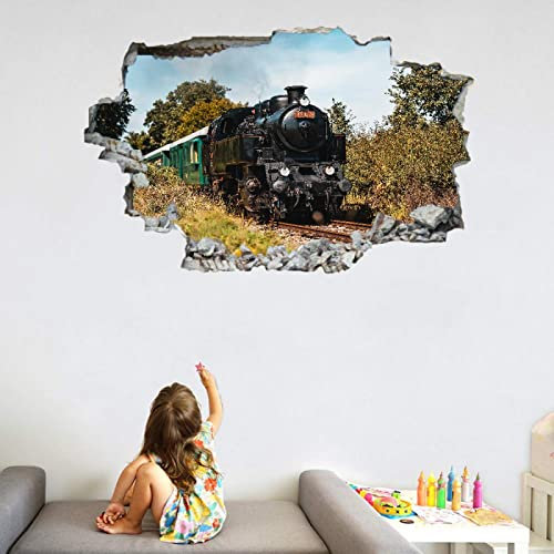 Zug 3D Wanddurchbruch Wandtattoo Gleis Mädchen Wandaufkleber Retro Junge Wandsticker Wanddeko Selbstklebend Vinyl Wandbild für Wohnzimmer Schlafzimmer Flur Kühlschrank