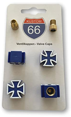 4er Set Ventilkappen + 2 Fahrradadapter - Iron Cross Blau- für jedes Auto, Motorrad und Fahrrad geeignet