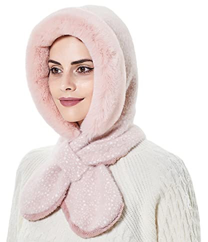 2 in 1 Schalmütze Damen Wintermütze Schal Set, Strickmütze Fleece Schlupfmütze Warme Kapuzen Schal Mütze Plüschmütze Sturmhaube Beanie Mütze Wintermütze für Frauen Mädchen Outdoor Sport