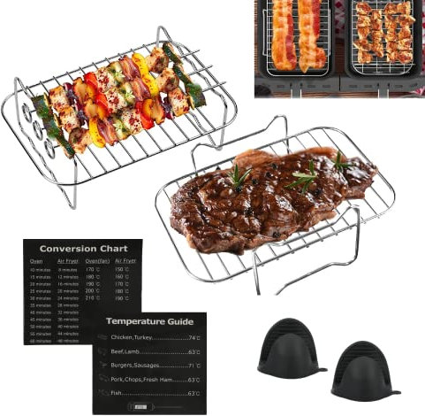 10PCS Air Fryer Accessories Pack - Stainless Steel Suitable for Ninja Food Dual Zone Air Fryer | Includes: 2 Dehydrator Racks | 4 Skewers | 2 Silicone Gloves | Air Fryer Time Chart + Conversion Chart