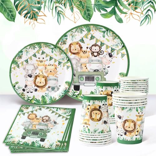 Serves 24 - Driving Animal Greens Dinnerware, partido verde platos vasos y servilletas, Safari platos desechables con animales para bautizo, baby shower, fiesta temática de la selva