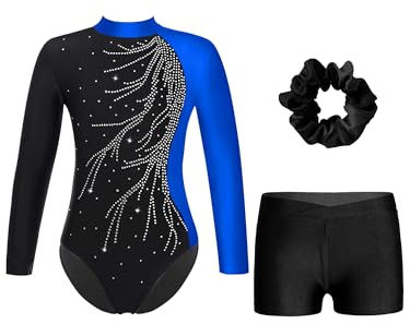 Alvivi Mädchen Turnanzug Glitzer Gymnastikanzug mit Kurze Hose Haarband Langarm Gymnastikbody Turntrikot Gymnastik Kleidung Tanzkostüm Blau&Schwarz 134-140