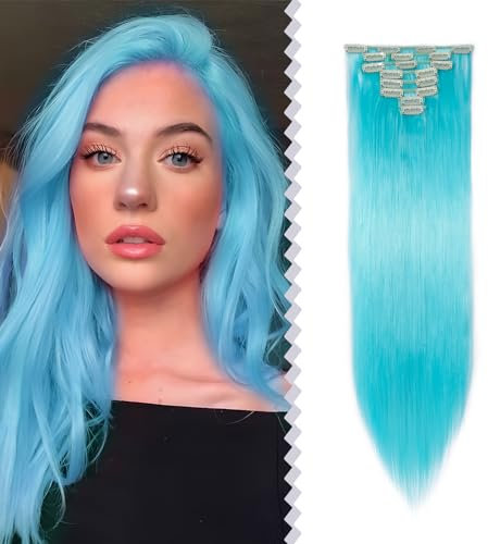 Elailite Clip in Extensions, Blau - Haarverlängerung Haarteil glatt günstig, 8 Tressen Hair Extensions Clip, 66cm 140g für Voller Kopf