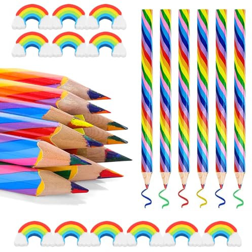 FIGFYOU 16 Stk Buntstifte Regenbogen Farbstifte und 16 Regenbogen Radiergummi 4 Farben in 1 Regenbogenstift Radierer Regenbogen Stift Malstifte Bunte Bleistifte für Kunst Zeichnung Färbung Skizzieren