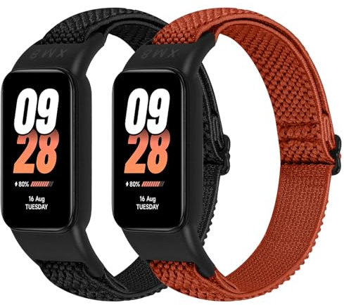 BTTNG Cinturino elastico compatibile con Xiaomi Band 8 Active/Redmi Smart Band 2, 2 Pack Regolabile Elastico Nylon Singolo Loop Bracciali Sport per Xiaomi Mi Band 8 Active, nero + arancione, Moderno