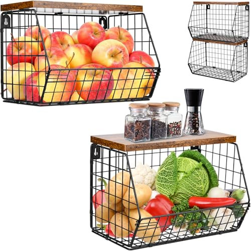 HATANSE Fruteros de 2 Pisos, Frutero de Cocina Moderno, Fruteros de Colgante Pared con Tapa de Madera, Apilables y Montables en la Pared para Fruteira Aperitivos y Almacenamiento en El Baño