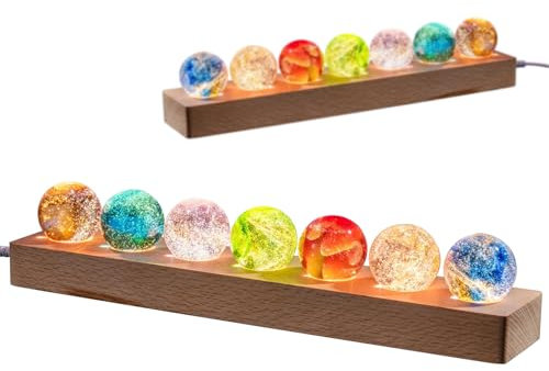 FIYSON 3D Kristallkugel Nachtlicht,USB 40mm Glas Kugel,7 Stück farbige Astronomie Sternenhimmel LED Ball Lampe,Mit Holzsockel,Fotografie Kugel Geschenk für Kinderzimmer Jungen Mädchen Dekor (Stil 1)
